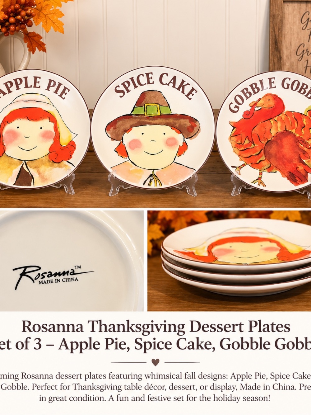 Rosanna Thanksgiving Dessert Plates Set of 3 Apple Pie Spice Cake Gobble Gob